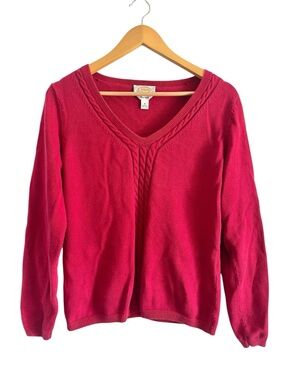 Talbots Red Pima Cotton Cable Knit V Neck Sweater Sz M Preppy Quiet Luxury